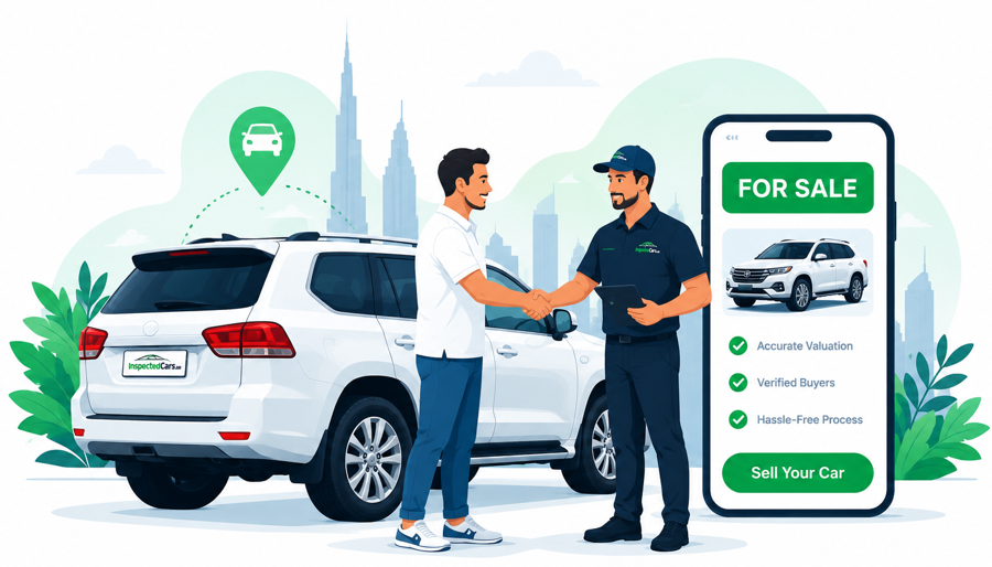 Seller and inspector shaking hands beside a certified car