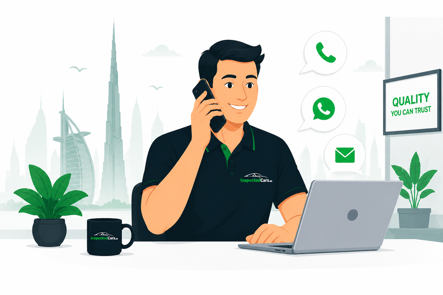 InspectedCars.ae support specialist on the phone at a desk with a laptop, Dubai skyline behind
