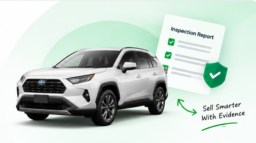 White SUV beside a certified inspection report