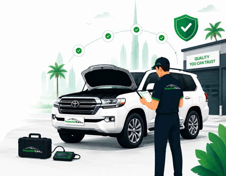 Certified technician inspecting a white SUV with inspection equipment